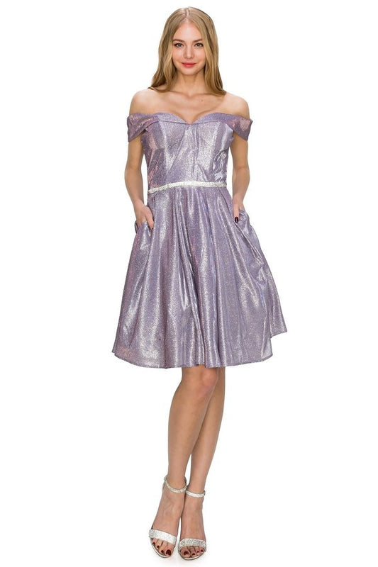 Off the Shoulder Glitter Short Party Dress by Cinderella Couture USA AS8012J-LILAC