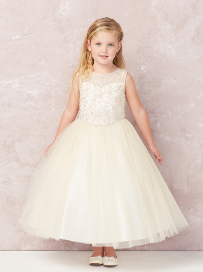 Champagne Girl Dress with Applique Bodice Tulle Skirt - AS5747