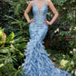 Dusty-blue Fitted Feather Mermaid Gown A1116 Penelope Gown - Special Occasion