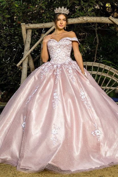 Dusty Rose Off Shoulder Floral Applique Quinceanera Dress AS8060J