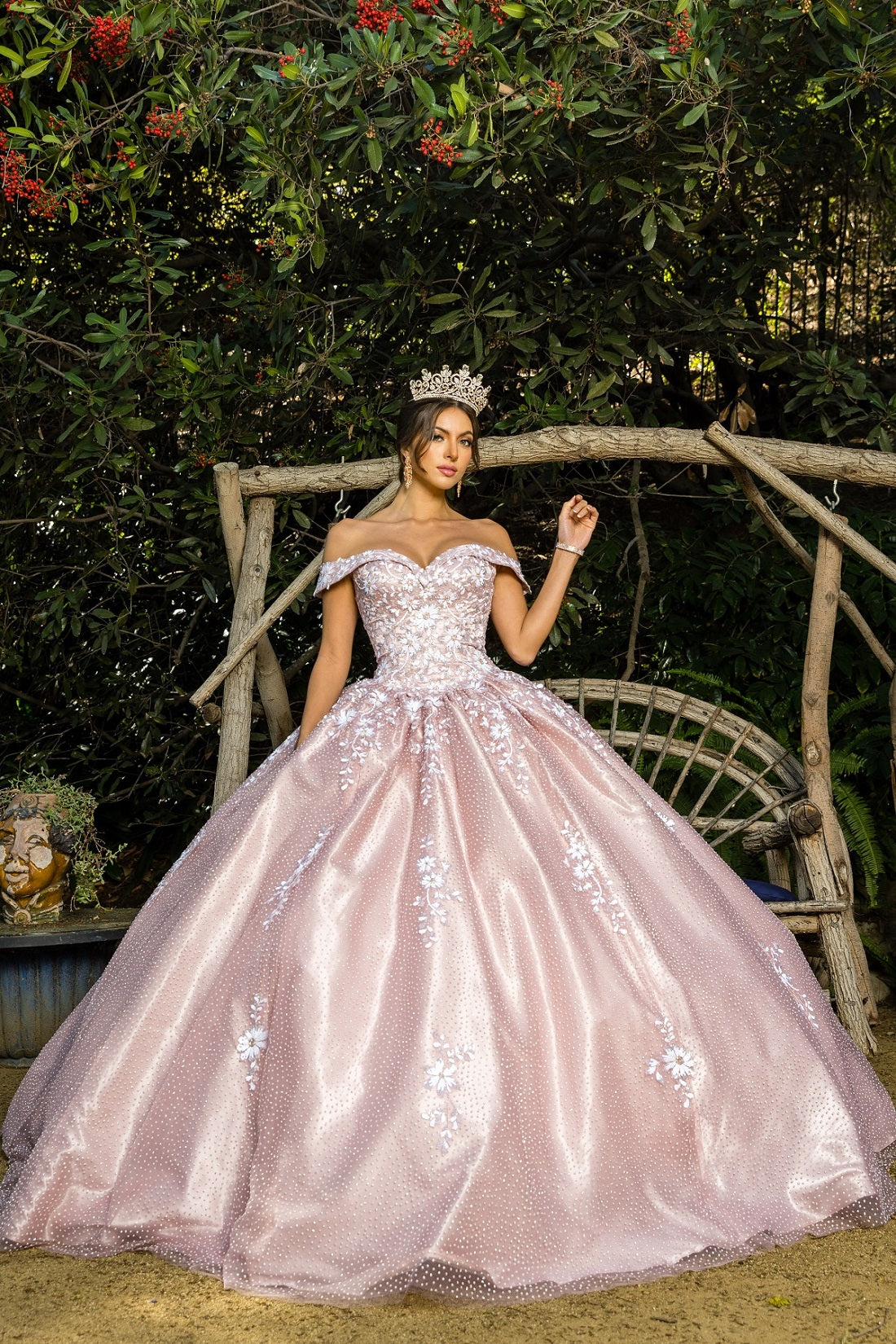 Dusty Rose_3 Off Shoulder Floral Applique Quinceanera Dress AS8060J