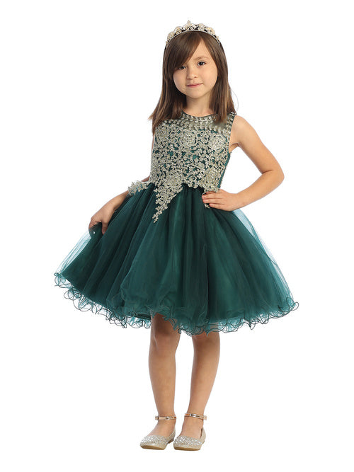 Emerald Girl Dress with Floral Applique Bodice - AS7013