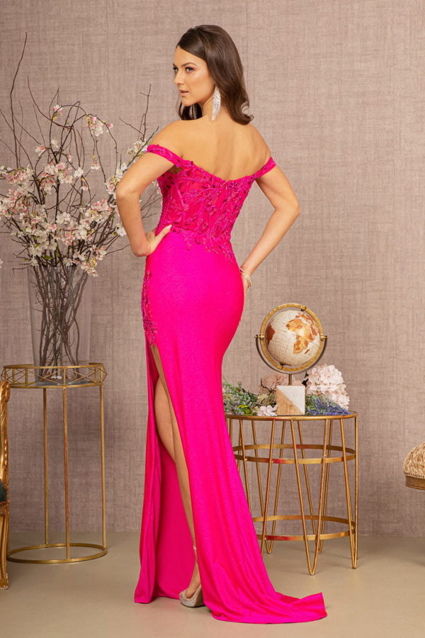 Fuchsia_1 Glitter Sheer Bodice Mermaid Slit Gown GL3162 - Women Formal Dress- Special Occasion-Curves