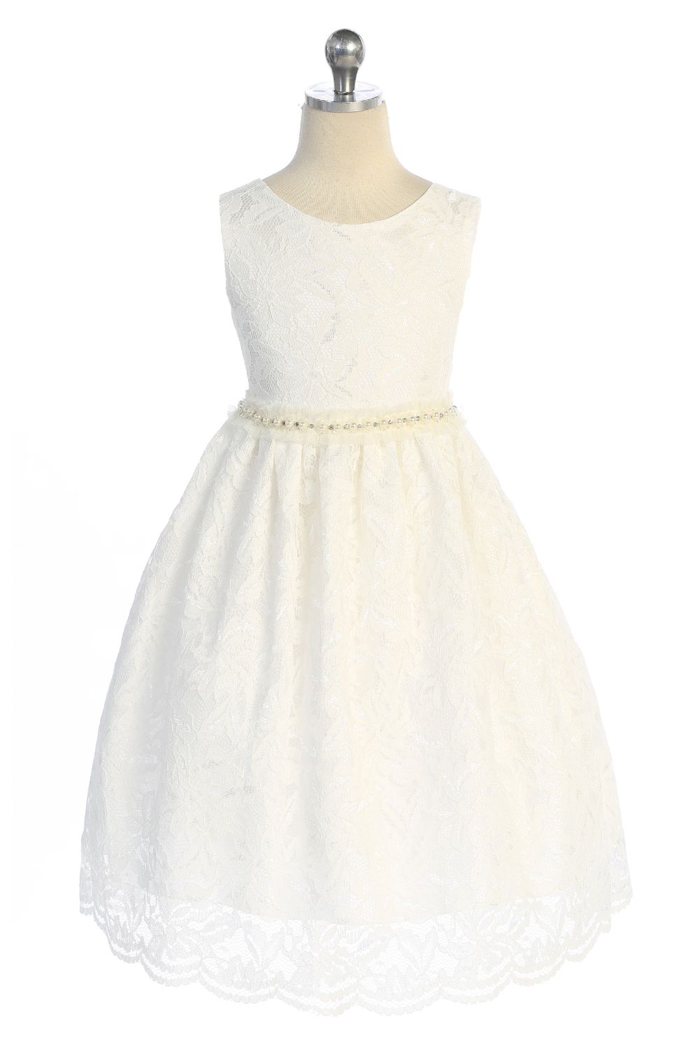 Lace V Back Bow with Mesh Pearl Trim Girl Party Dress by AS526-B Kids Dream - Girl Formal Dresses