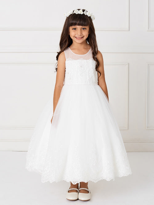 Ivory Girl Dress with Illusion Neckline Bodice - AS5801