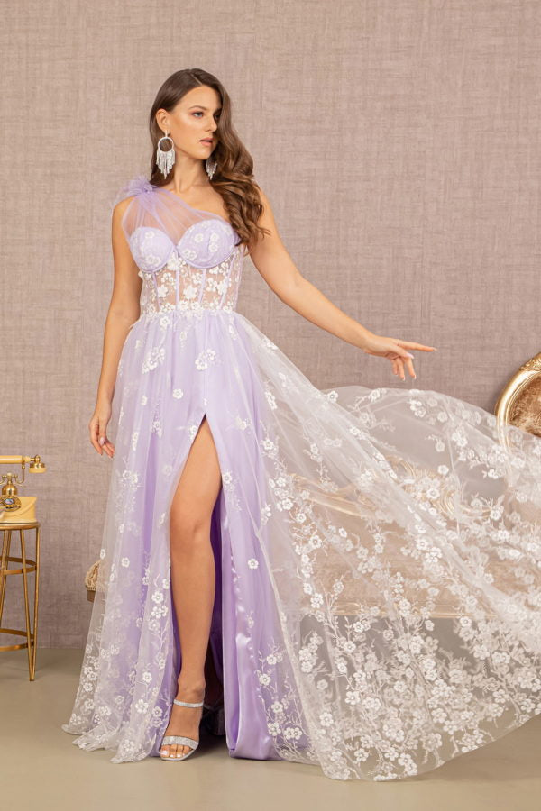 Lavender_2 Feather Sheer Bodice A-line Dress GL3134 - Women Formal Dress - Special Occasion-Curves