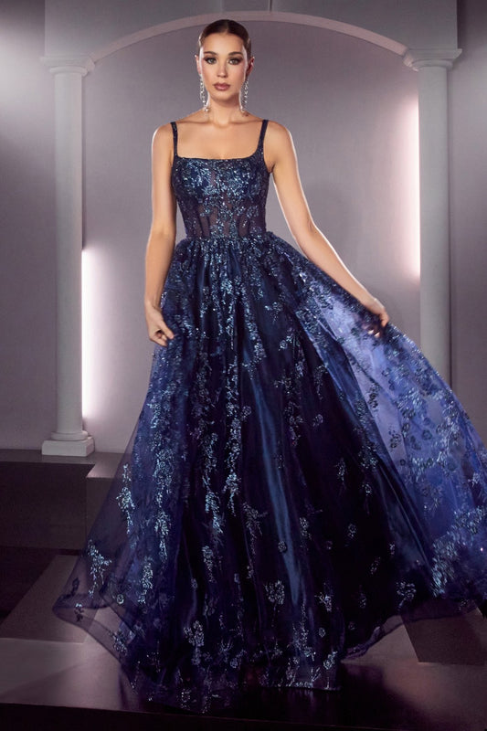 Navy Glitter Print A-Line Gown J840 - Women Evening Formal Gown - Special Occasion