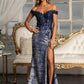 Navy Sheer Bodice Cut-Away Shoulder Women Formal Dress - GL3024 - Special Occasion-Curves