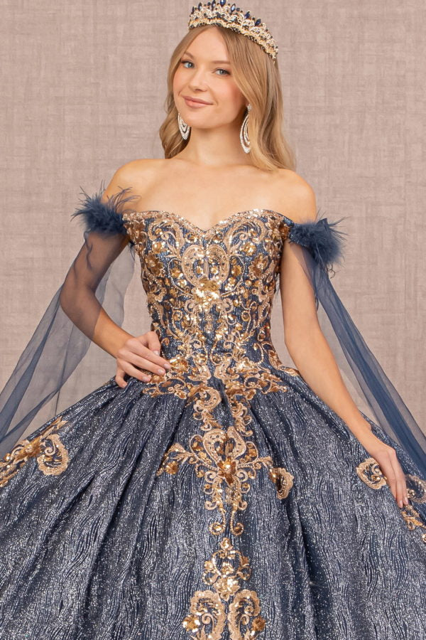 Navy_2 Feather Sequin Sweetheart Neckline Quinceanera Dress - GL3107