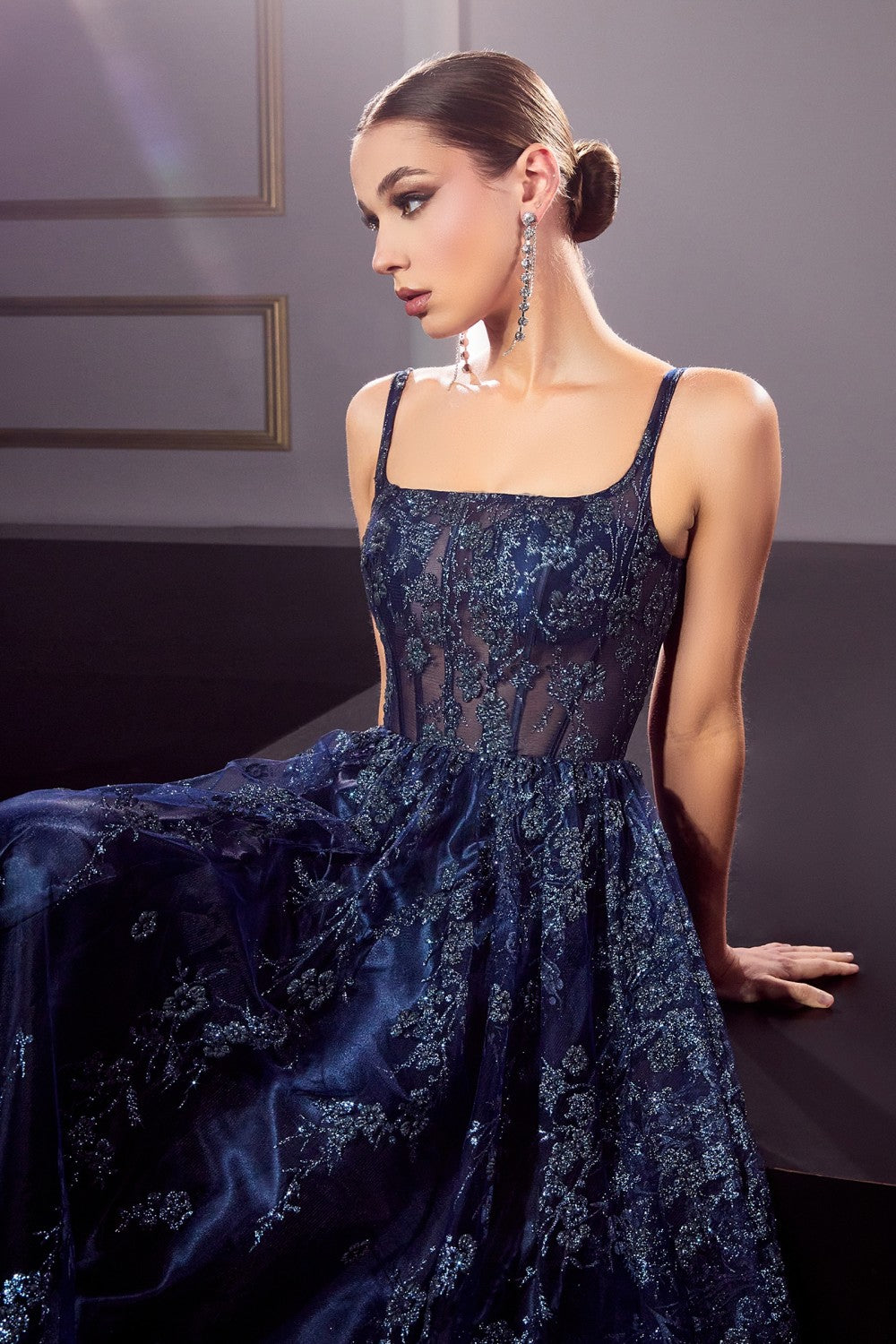 Navy_2 Glitter Print A-Line Gown J840 - Women Evening Formal Gown - Special Occasion