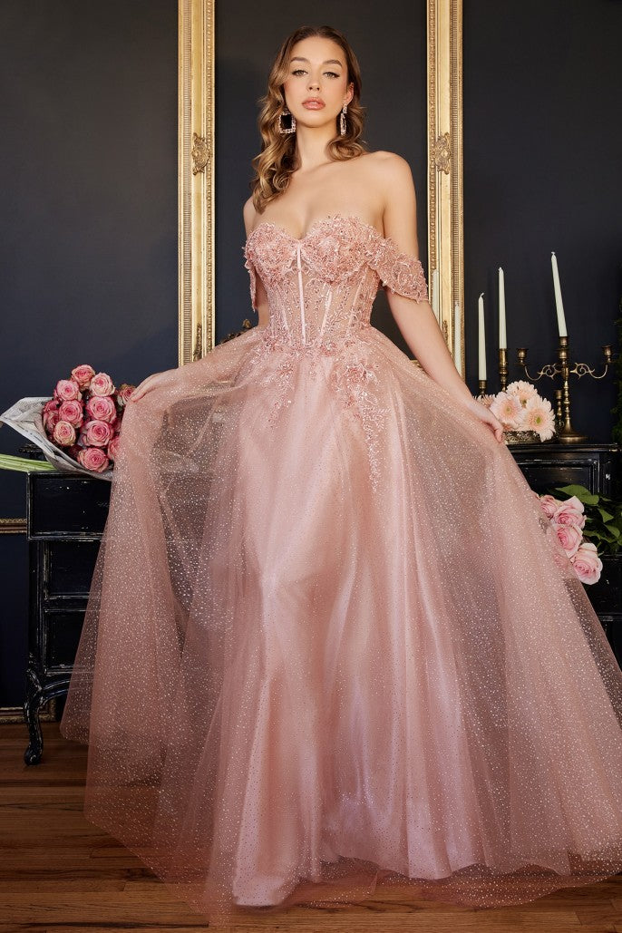 Off the Shoulder Lace A-line Corset Slit Gown By Ladivine CD0198 - Women Evening Formal Gown  - Special Occasion
