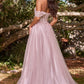 Off the Shoulder Lace A-line Corset Slit Gown By Ladivine CD0198 - Women Evening Formal Gown  - Special Occasion