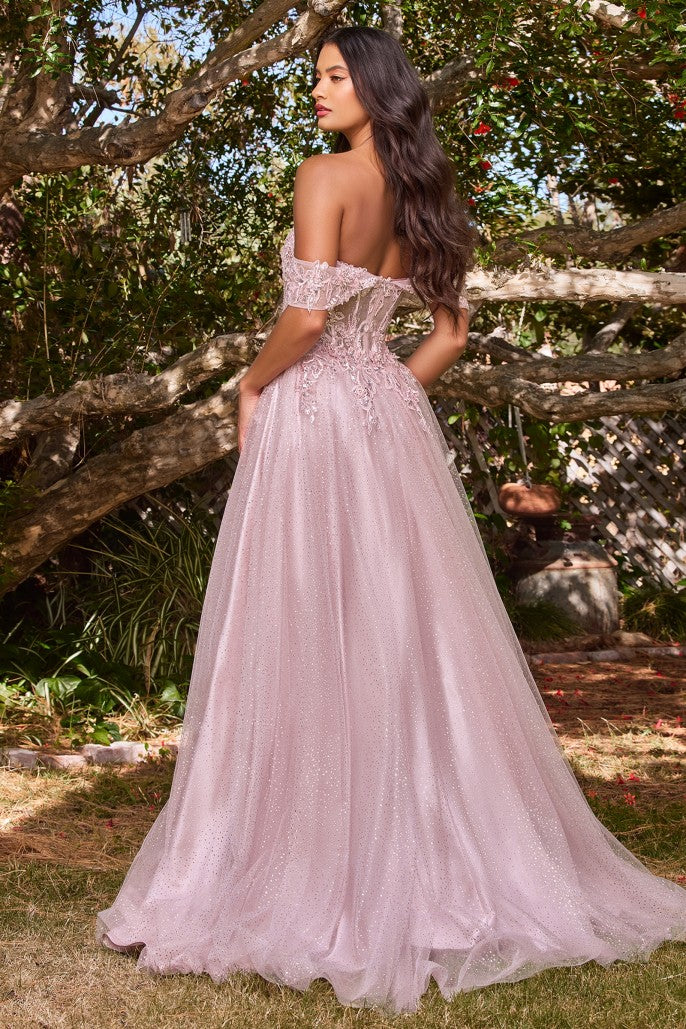 Off the Shoulder Lace A-line Corset Slit Gown By Ladivine CD0198 - Women Evening Formal Gown  - Special Occasion
