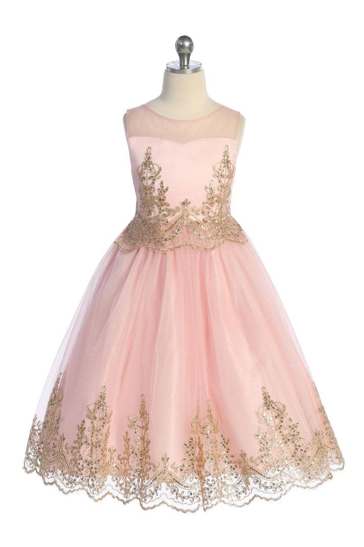 Pink Girl Dress - Gold Cording Embroidery Dress - AS552 Kids Dream
