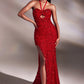 Red Fitted Halter Sequin Slit Gown CD883 - Women Evening Formal Gown - Special Occasion