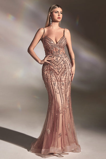 Rose-gold Deep V-Neck Corset Slit Gown CD992 - Women Evening Formal Gown - Special Occasion