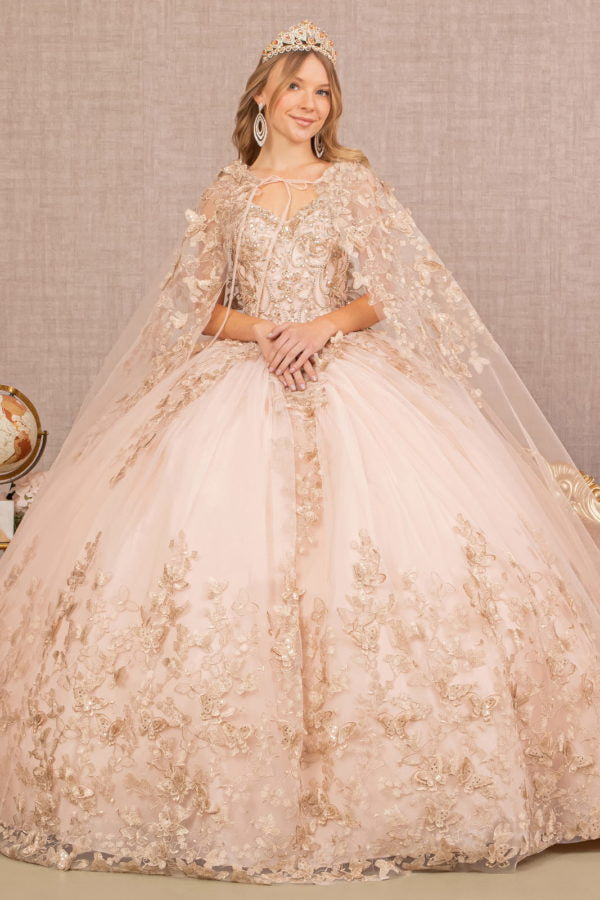 Rose Gold 3-D Butterfly Sweetheart Neckline Quinceanera Dress - GL3104