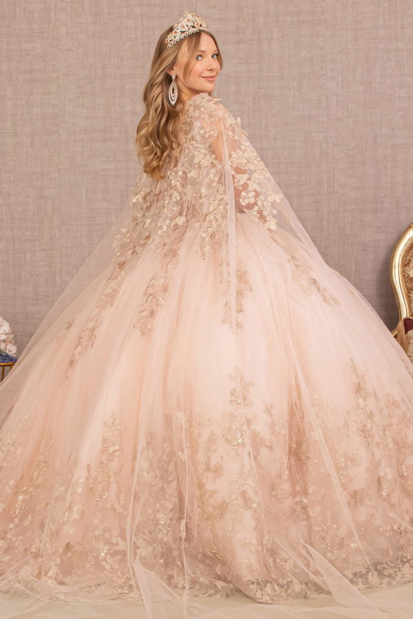 Rose Gold_2 3-D Butterfly Sweetheart Neckline Quinceanera Dress - GL3104