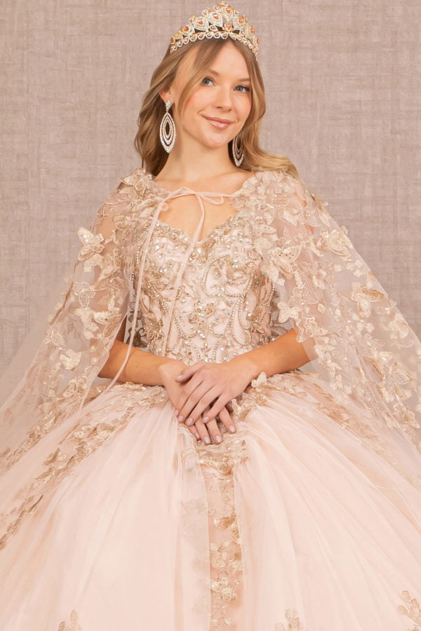 Rose Gold_3 3-D Butterfly Sweetheart Neckline Quinceanera Dress - GL3104