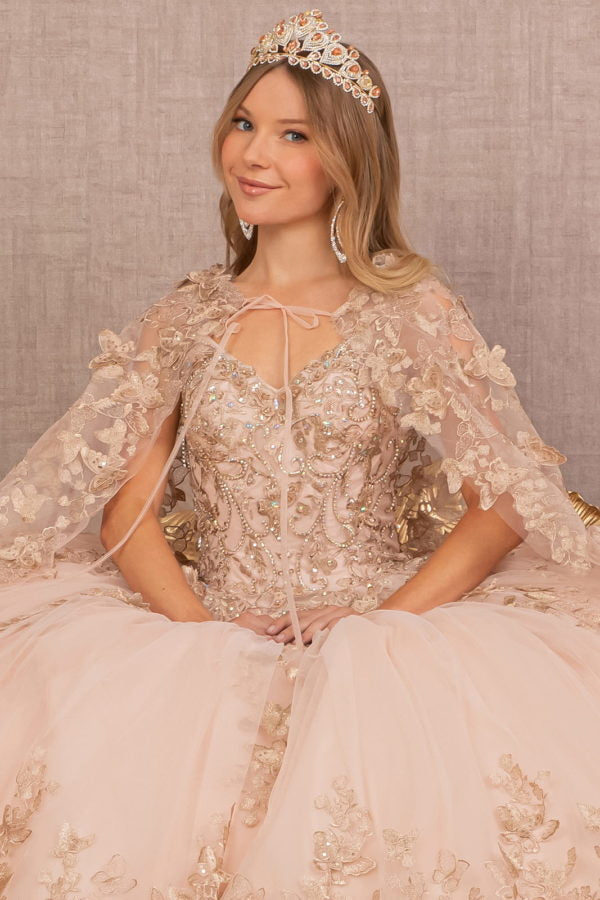 Rose Gold_5 3-D Butterfly Sweetheart Neckline Quinceanera Dress - GL3104