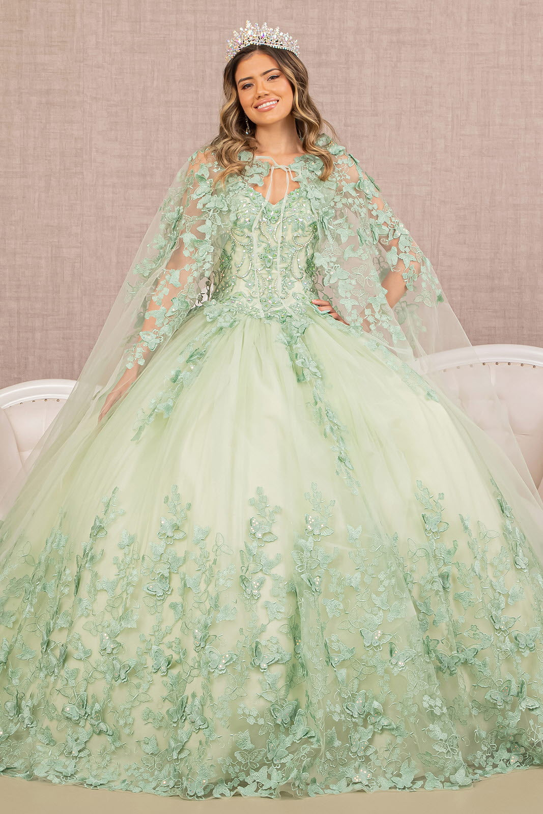 Sage 3-D Butterfly Sweetheart Neckline Quinceanera Dress - GL3104