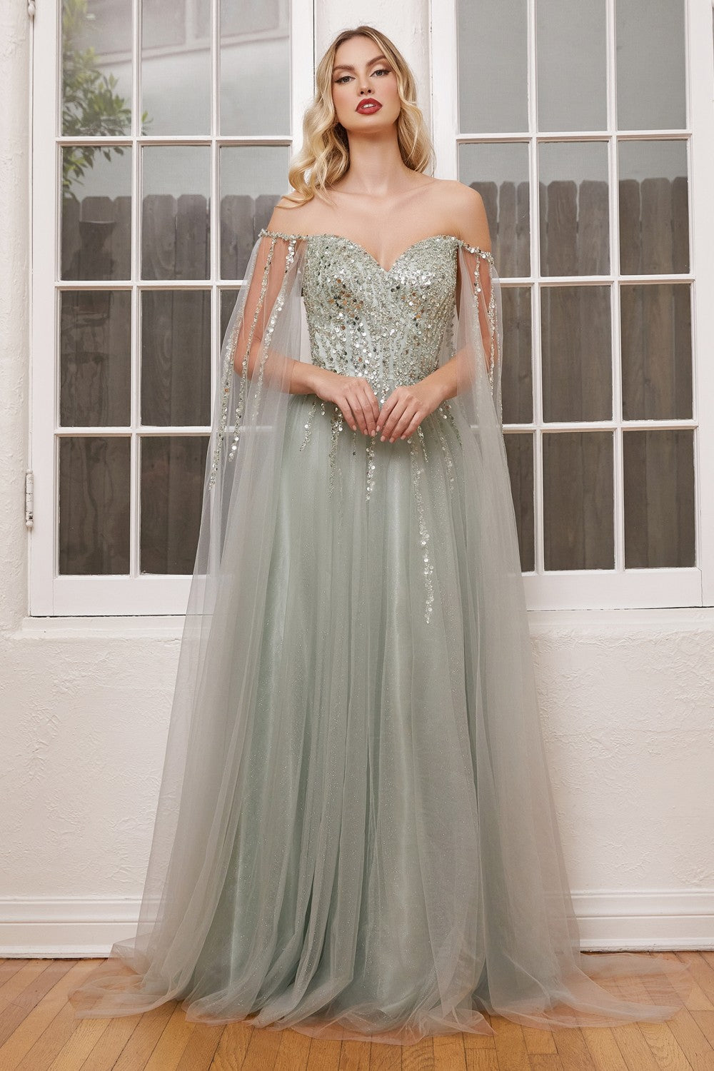 Sage A-Line with Cape Sleeves Gown CD0204 - Women Evening Formal Gown - Special Occasion-Curves