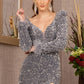Silver_2 Puff Shoulder 3-4 Sleeves Feather Velvet Mermaid Dress - GL3122 - Special Occasion-Curves