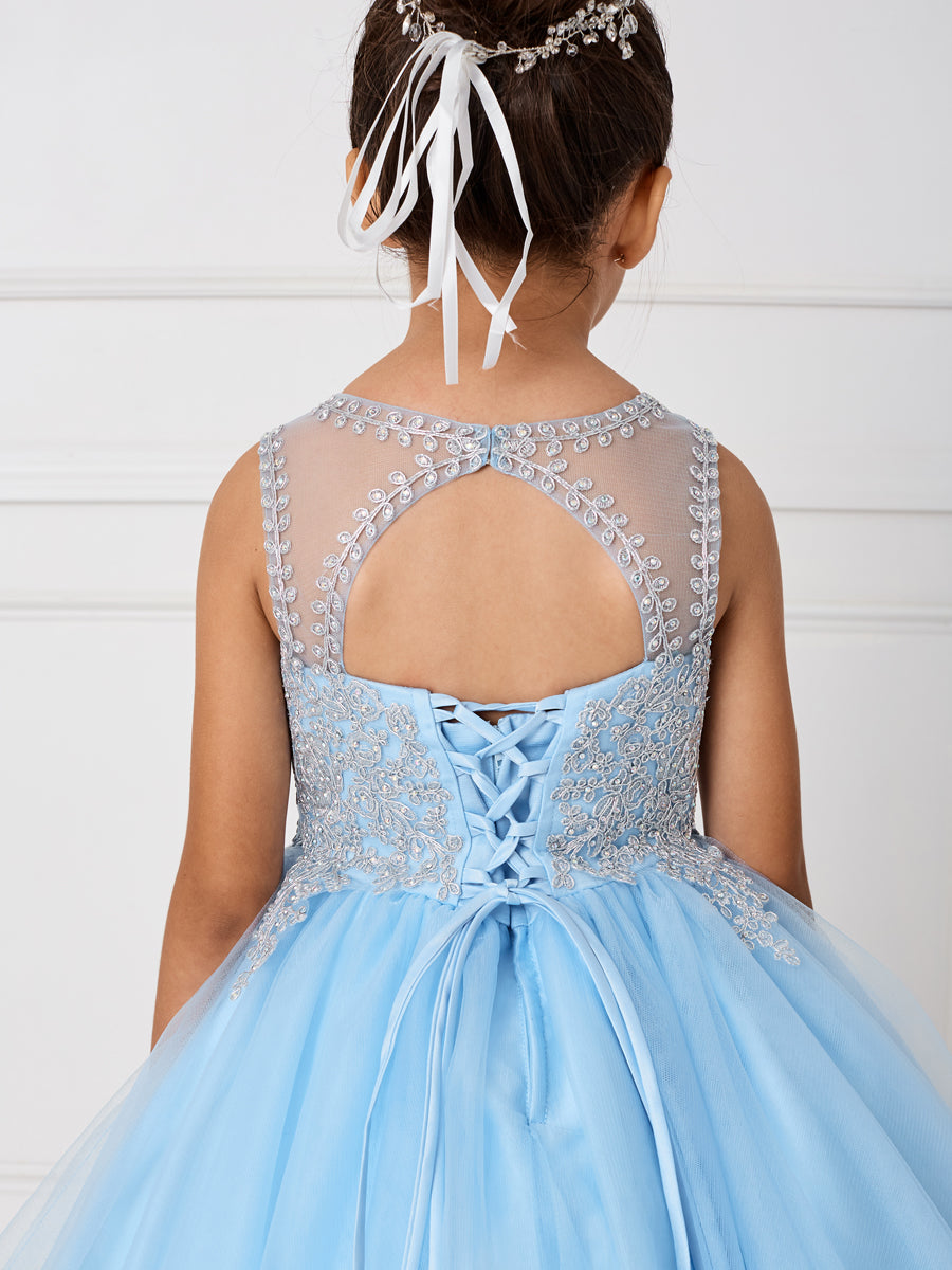 Sky Blue_3 Girl Dress with Floral Applique Bodice - AS7013