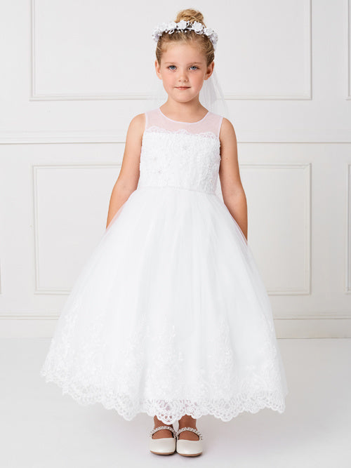 White Girl Dress with Illusion Neckline Bodice - AS5801