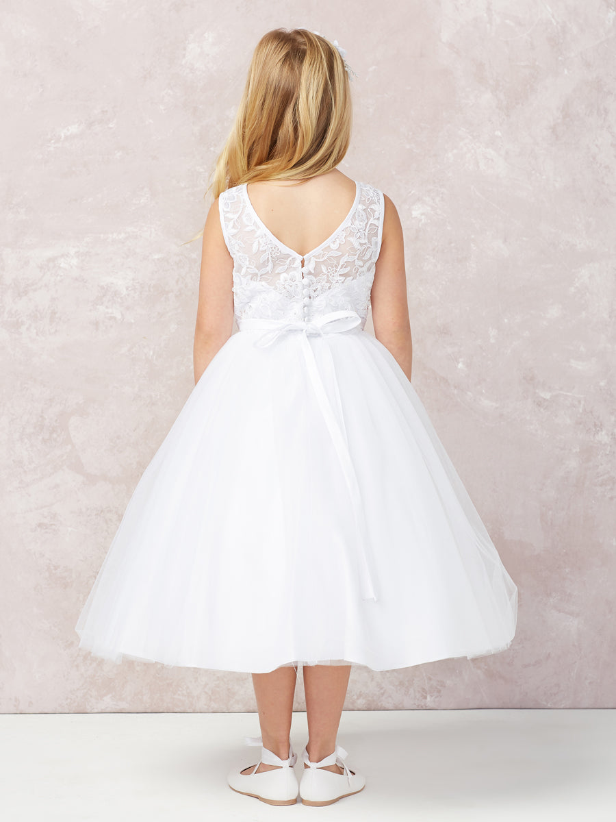 White_1 Girl Dress with Applique Bodice Tulle Skirt - AS5747