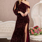 Wine Sequin Asymmetric Velvet Mermaid Dress - GL3159 - Special Occasion-Curves