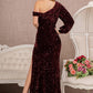 Wine_1 Sequin Asymmetric Velvet Mermaid Dress - GL3159 - Special Occasion-Curves