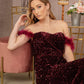 Wine_4 Feather Sequin Velvet Mermaid Slit Gown GL3163 - Women Formal Dress - Special Occasion-Curves