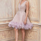 Jeweled Feathered glitter A-line Short Cocktail Dress by Andrea & Leo Couture - A1012 Wren Dress - Short