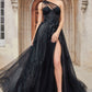 One Shoulder Illusion Tulle & Floral Bodice A-line Slit Gown by Andrea & Leo Couture A1053 LEILA GOWN - Special Occasion