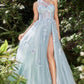 One Shoulder Illusion Tulle & Floral Bodice A-line Slit Gown by Andrea & Leo Couture A1053 LEILA GOWN - Special Occasion