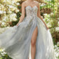 Strapless Floral Applique Tulle A-Line Slit Gown by Andrea & Leo Couture A1089 PENELOPE GOWN - Special Occasion