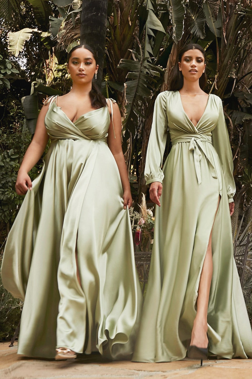 Long Sleeve Satin Slit Dress - Cinderella Divine - 7475C - Curves