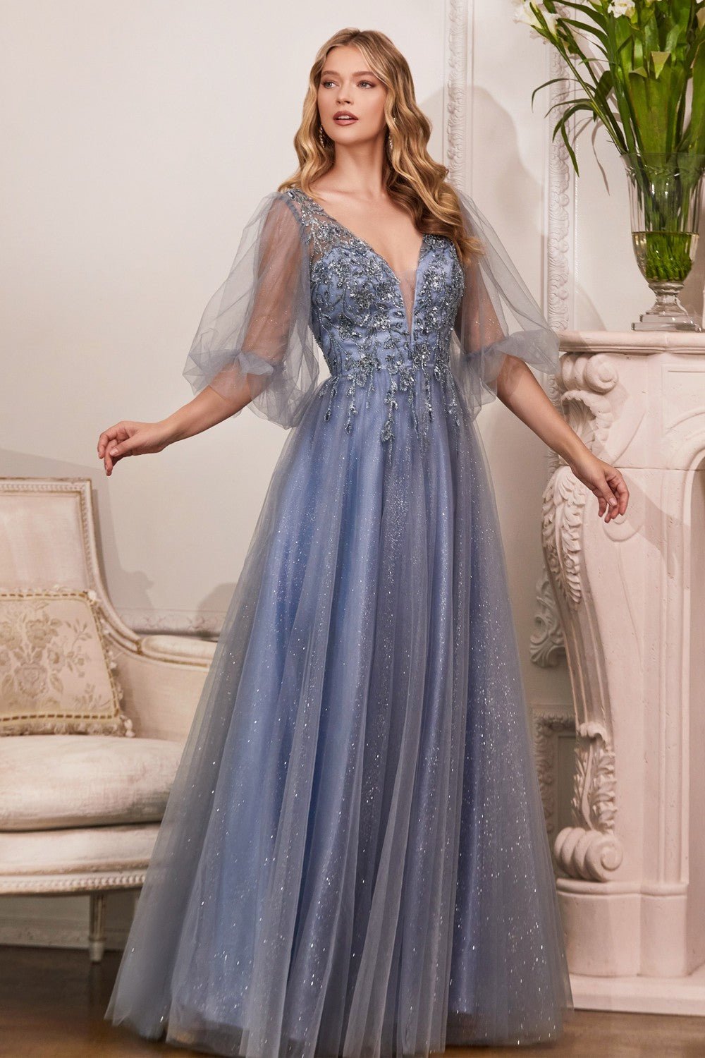 GLITTER TULLE A-LINE DRESS by Cinderella Divine CD0182 - Special Occasion/Curves