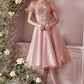 Puff Sleeves Corset Bodice Tea Length Short Tulle Dress by Cinderella Divine-CD0187