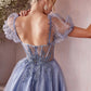Puff Sleeves Corset Bodice Tea Length Short Tulle Dress by Cinderella Divine-CD0187