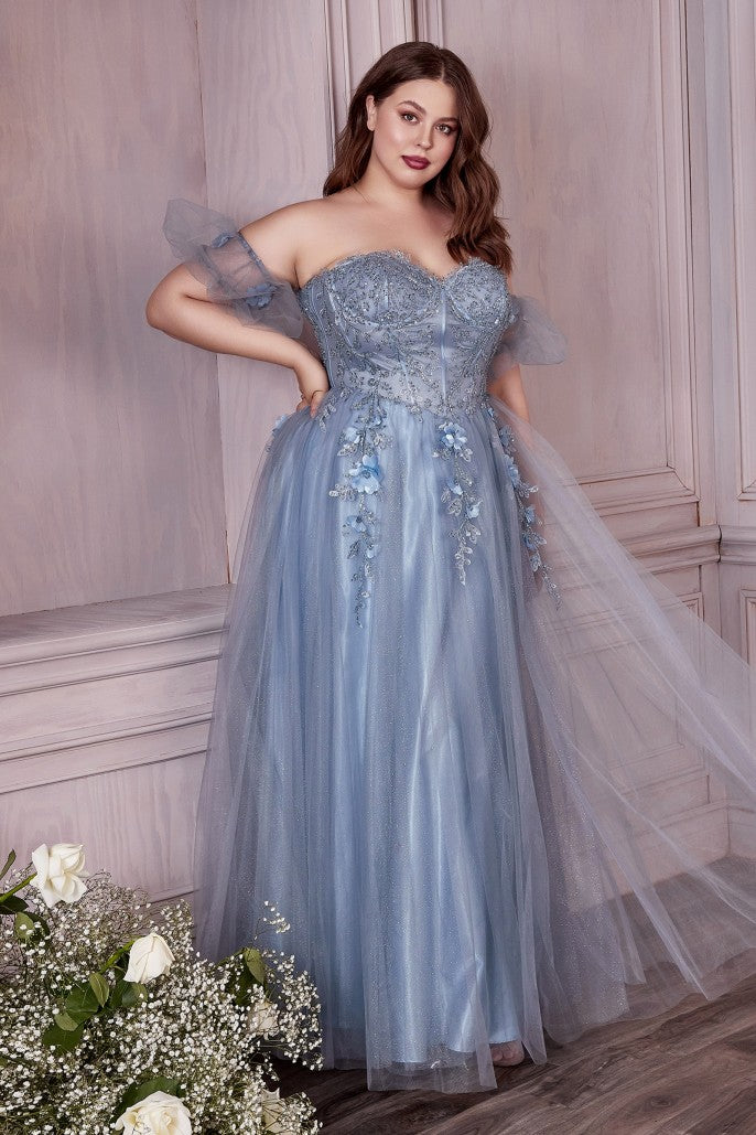 Strapless Glitter Tulle Gown with Puff Sleeve by Cinderella Divine CD0191C- Curves