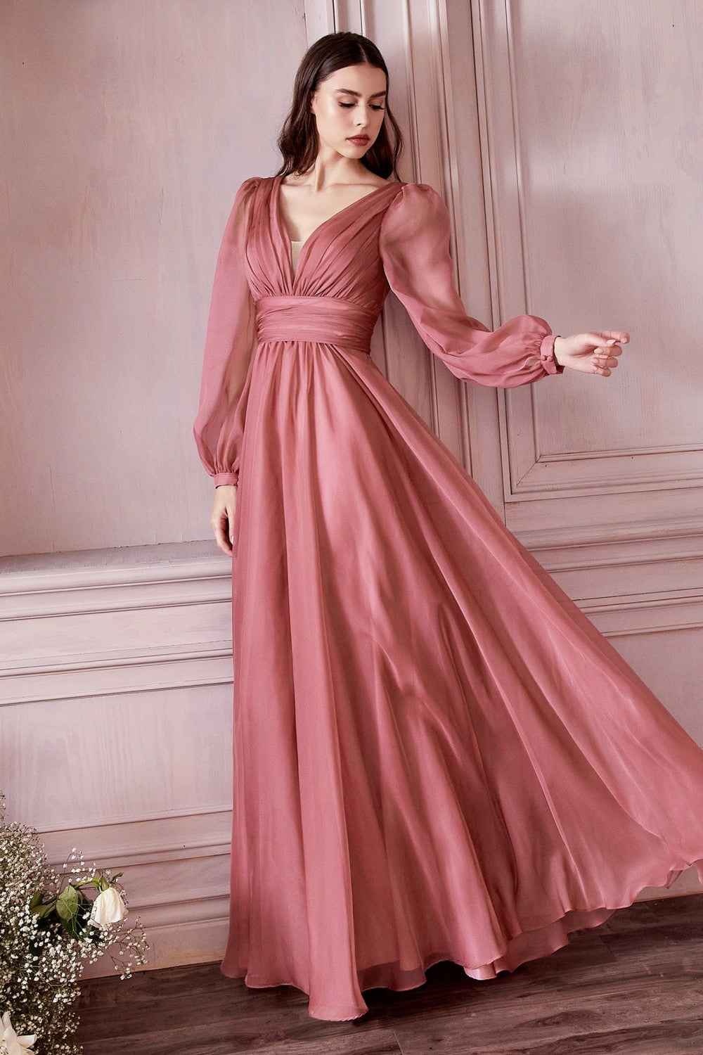 Cinderella Divine CD0192 LONG SLEEVE CHIFFON DRESS - Special Occasion/Curves