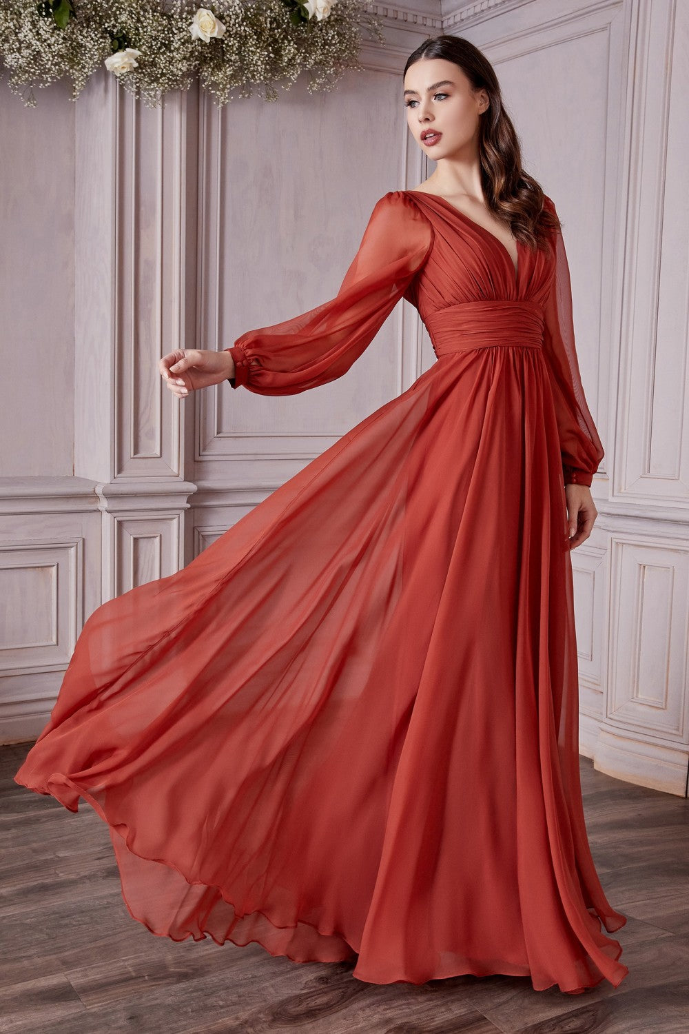 Cinderella Divine CD0192 LONG SLEEVE CHIFFON DRESS - Special Occasion/Curves