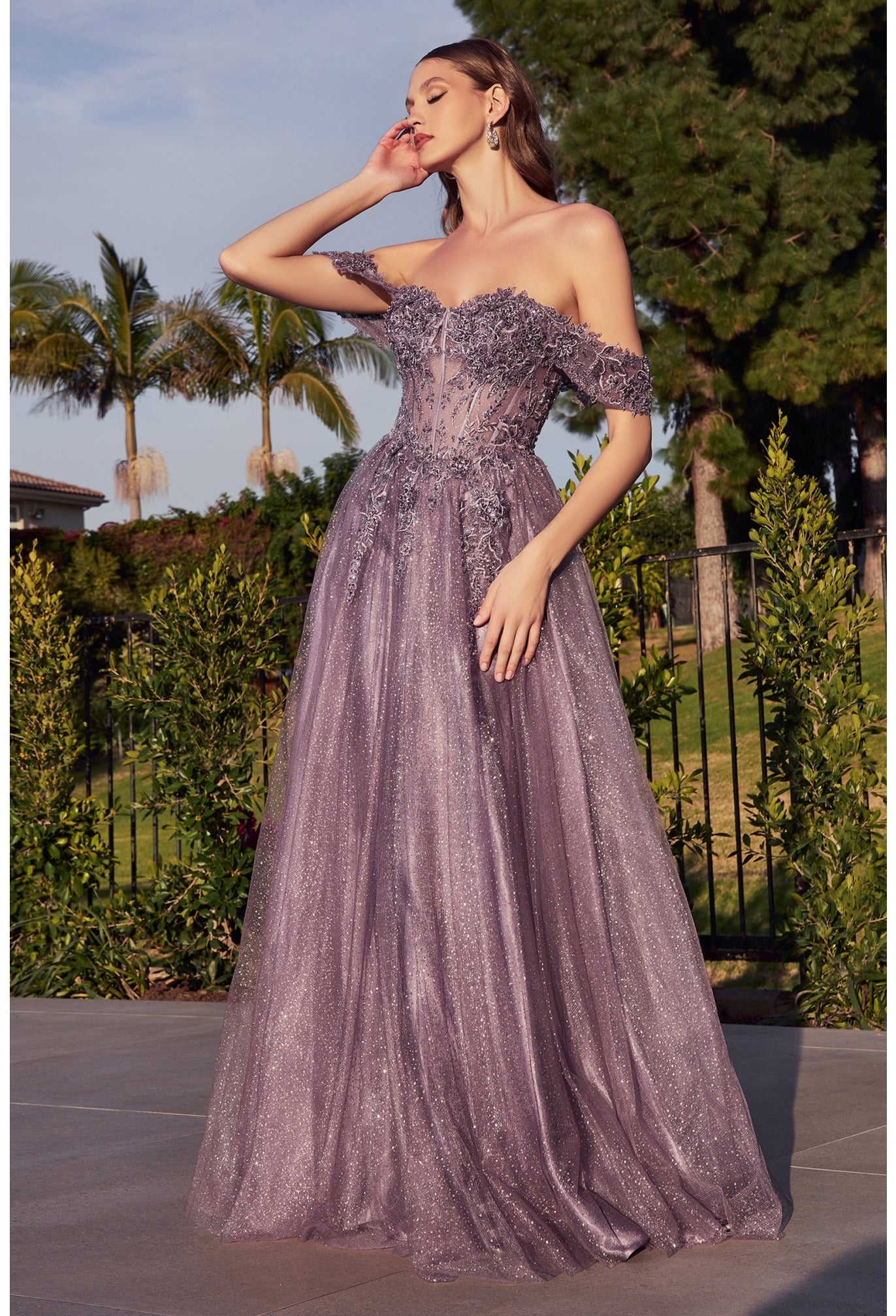 Off the Shoulder Lace A-line Corset Slit Gown By Ladivine CD0198 - Women Evening Formal Gown  - Special Occasion