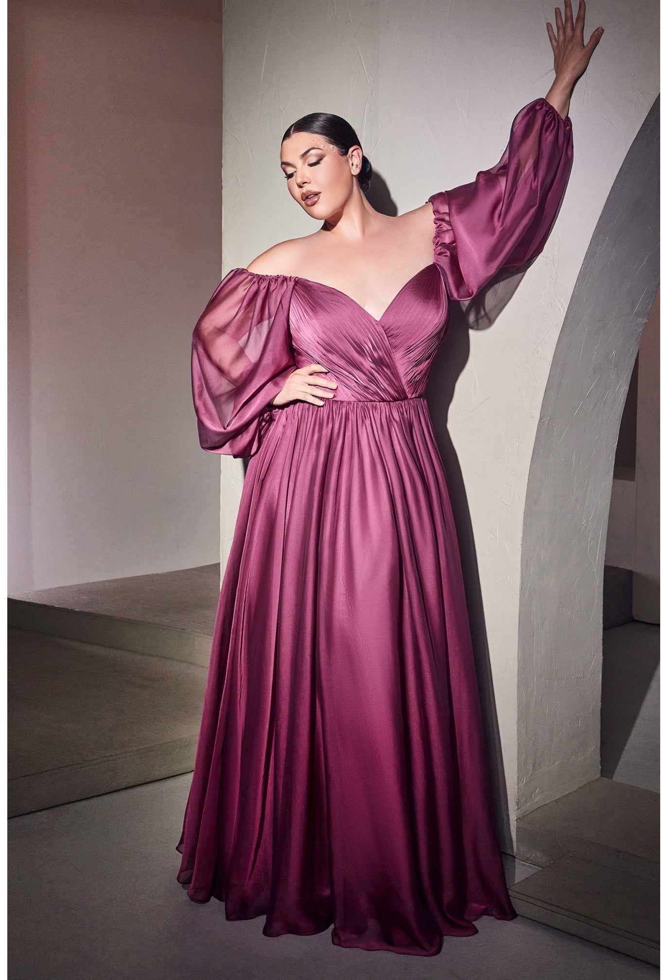 LONG SLEEVE CHIFFON DRESS by Cinderella Divine CD243C - Curves