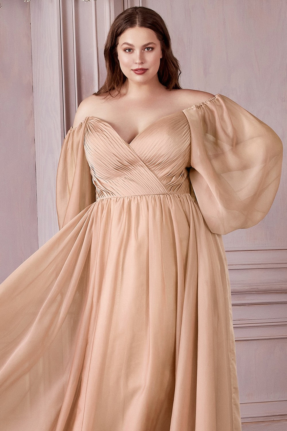 LONG SLEEVE CHIFFON DRESS by Cinderella Divine CD243C - Curves