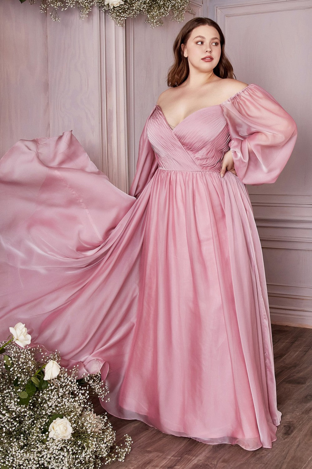 LONG SLEEVE CHIFFON DRESS by Cinderella Divine CD243C - Curves