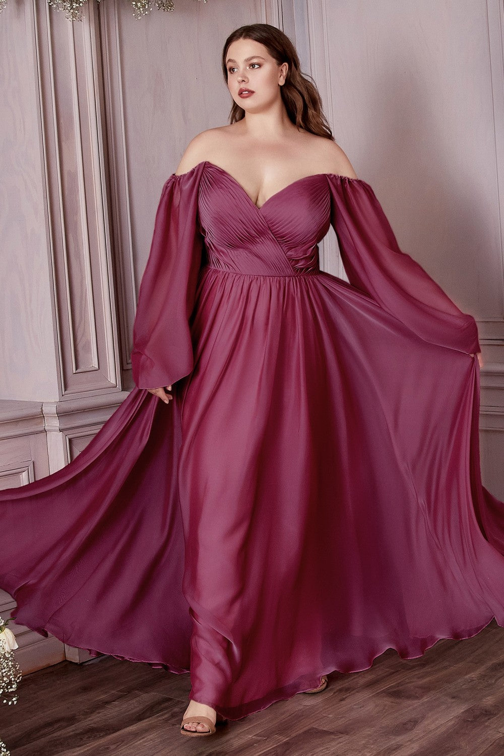 LONG SLEEVE CHIFFON DRESS by Cinderella Divine CD243C - Curves