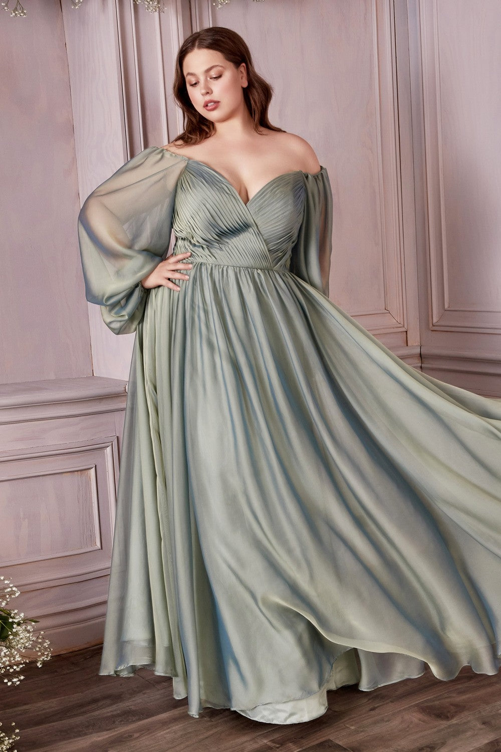 LONG SLEEVE CHIFFON DRESS by Cinderella Divine CD243C - Curves